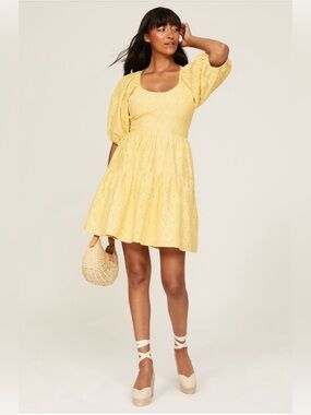 Louna~Yellow Scoop Neck Mini Dress with Puff Sleeves~Size Small~$300~NWT~